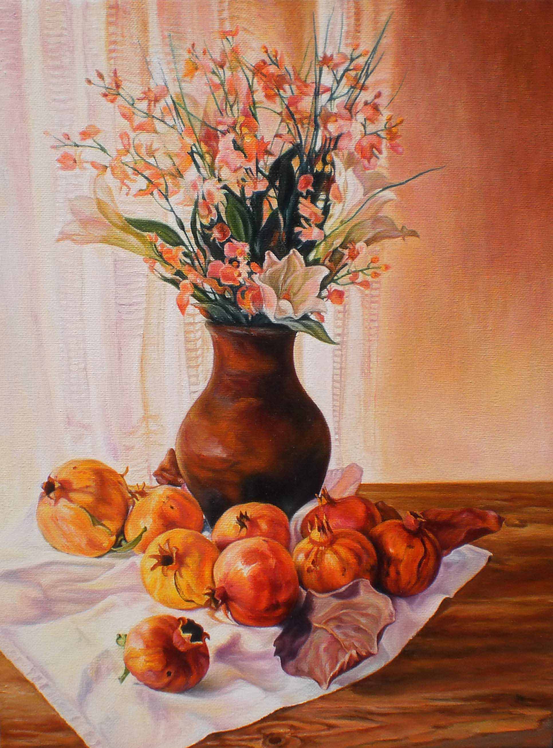 -Vase with flowers and pomegranates- Dimensions: 40cm x 30cm
